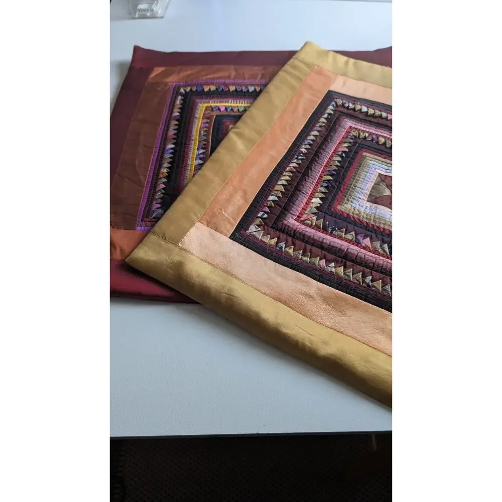 Pair of Handmade Prairie Point Quilted Pillow Covers - Boho Silk-Style Textural
